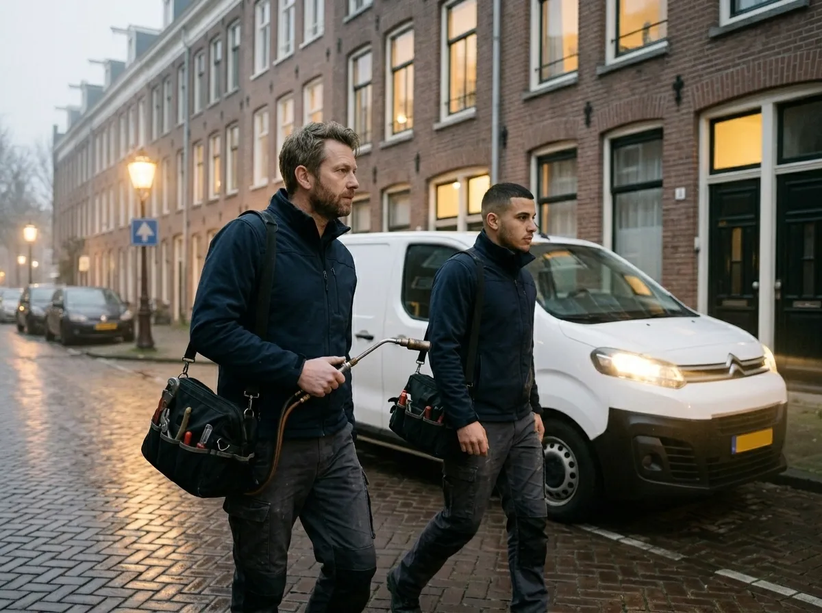 Twee loodgieters 's avonds onderweg naar een spoedklus in Amsterdam